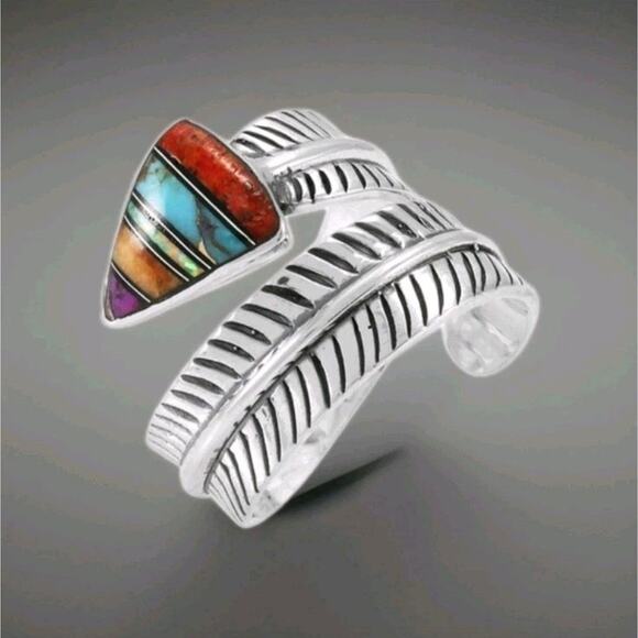 South Western Zuni Style. 925. MULTI-GEMSTONE FEATHER RING STERLING SILVER - Picture 1 of 3